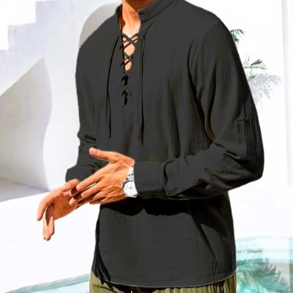 Luc Matton NWT Men's Summer T-Shirt V-Neck Drawstring Tied Collar Long Sleeve L - Picture 2 of 5